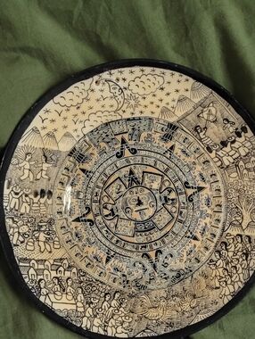 Hand-Painted Decorative Aztec Mayan Mexican Ceramic Plate Black And Cream